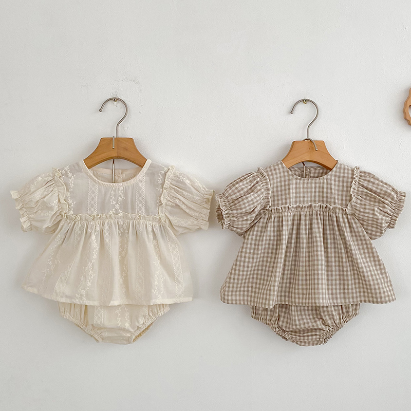 여자 여름 패션 세트 어린이 수 놓은 그리드 퍼프 슬리 - Baby Clothing Bundles 리뷰 및 가격