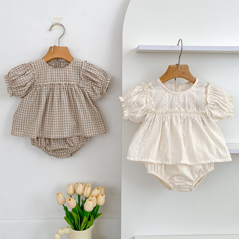 여자 여름 패션 세트 어린이 수 놓은 그리드 퍼프 슬리 - Baby Clothing Bundles 리뷰 및 가격
