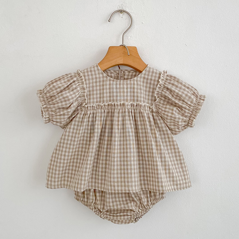 여자 여름 패션 세트 어린이 수 놓은 그리드 퍼프 슬리 - Baby Clothing Bundles 리뷰 및 가격