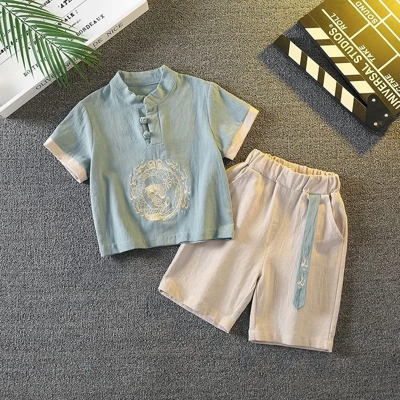 어린이 전통 의류 반팔 반바지 정장 코튼 린넨 드래곤  - Baby Clothing Sets Boy 리뷰 및 가격