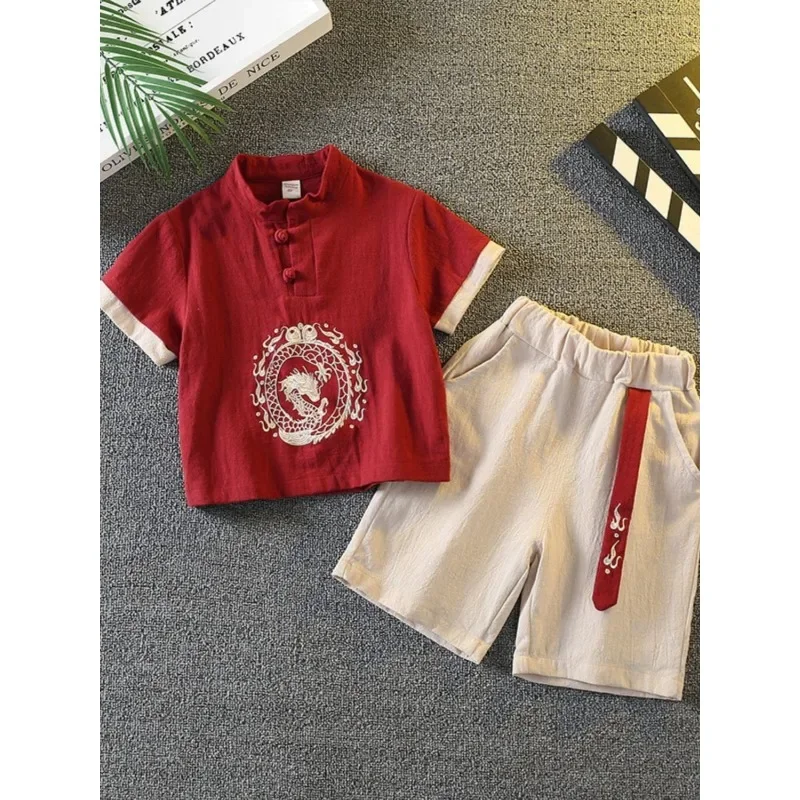 어린이 전통 의류 반팔 반바지 정장 코튼 린넨 드래곤  - Baby Clothing Sets Boy 리뷰 및 가격